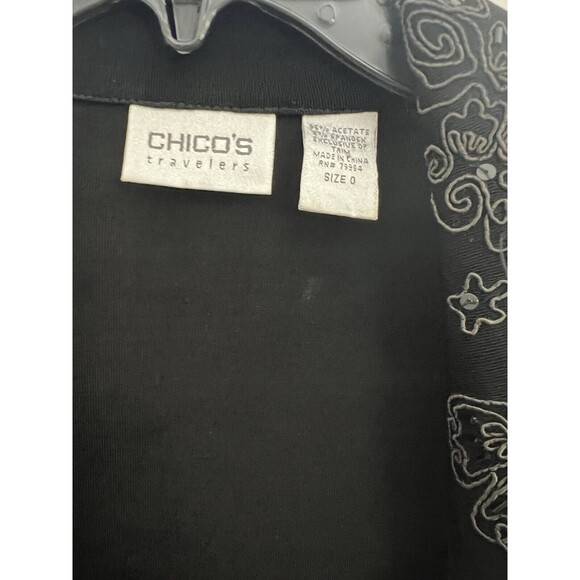 Chicos Travelers Sz 0 Cardigan Black Liquid Knit Open Front Embroidery Floral - Picture 3 of 7